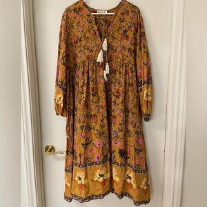 R. Vivimos yellow Floral Bohemian Midi Dress Womens 2XL Long Sleeve Tassel Tie*